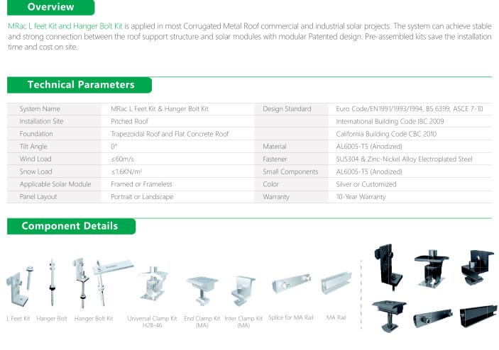 L Feet and Hanger Bolt Kit Metal Roof PV Mounting System