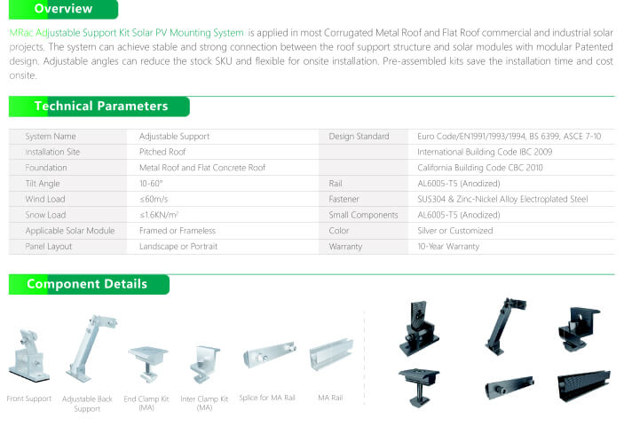 Adjustable Support Kit Solar PV Mounting System